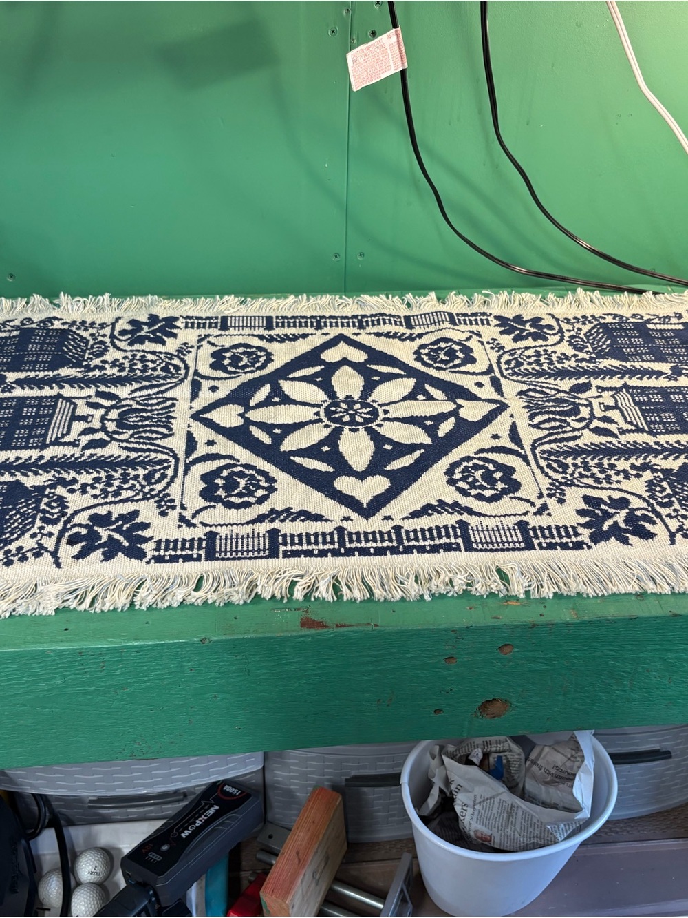 Source Unknown Blue and White Woven Table Runner